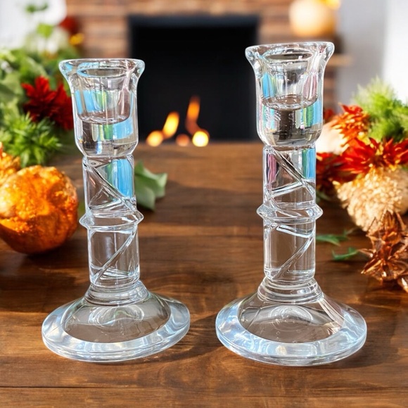 Pair of heavy glass candlesticks. 6” tall, bamboo pattern, very nice! MINT - Picture 2 of 6